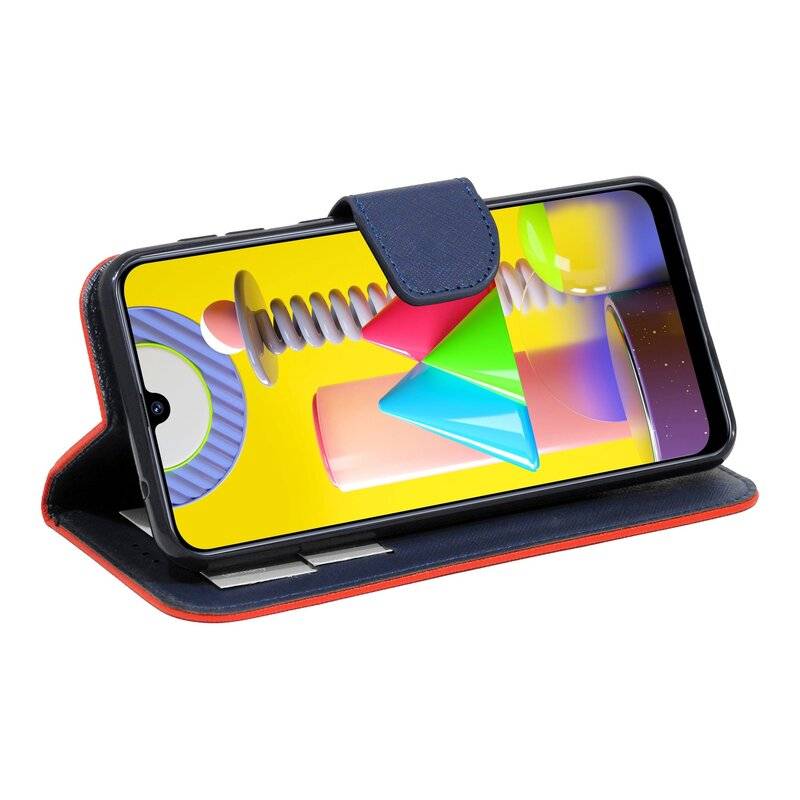Buch Tasche Fancy für SAMSUNG GALAXY M31 M315F Handy Hülle Etui Brieftasche Schutzhülle mit Standfunktion, Kartenfach Rot-Blau