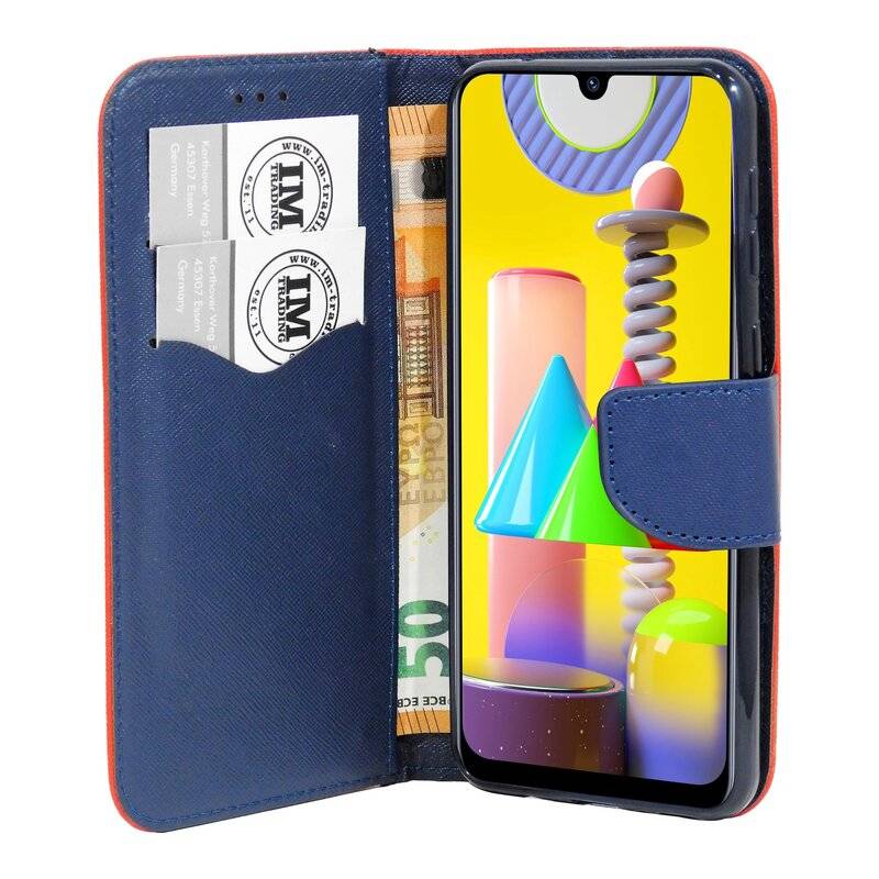 Buch Tasche Fancy für SAMSUNG GALAXY M31 M315F Handy Hülle Etui Brieftasche Schutzhülle mit Standfunktion, Kartenfach Rot-Blau