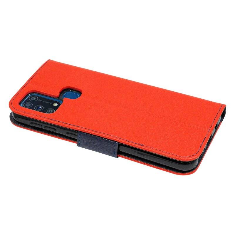 Buch Tasche Fancy für SAMSUNG GALAXY M31 M315F Handy Hülle Etui Brieftasche Schutzhülle mit Standfunktion, Kartenfach Rot-Blau