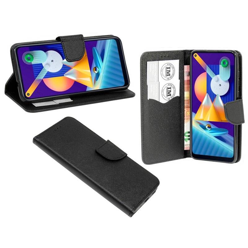Buch Tasche Fancy für SAMSUNG GALAXY M11 M115F Handy Hülle Etui Brieftasche Schutzhülle mit Standfunktion, Kartenfach Schwarz