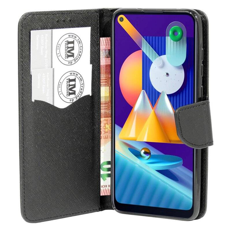 Buch Tasche Fancy für SAMSUNG GALAXY M11 M115F Handy Hülle Etui Brieftasche Schutzhülle mit Standfunktion, Kartenfach Schwarz