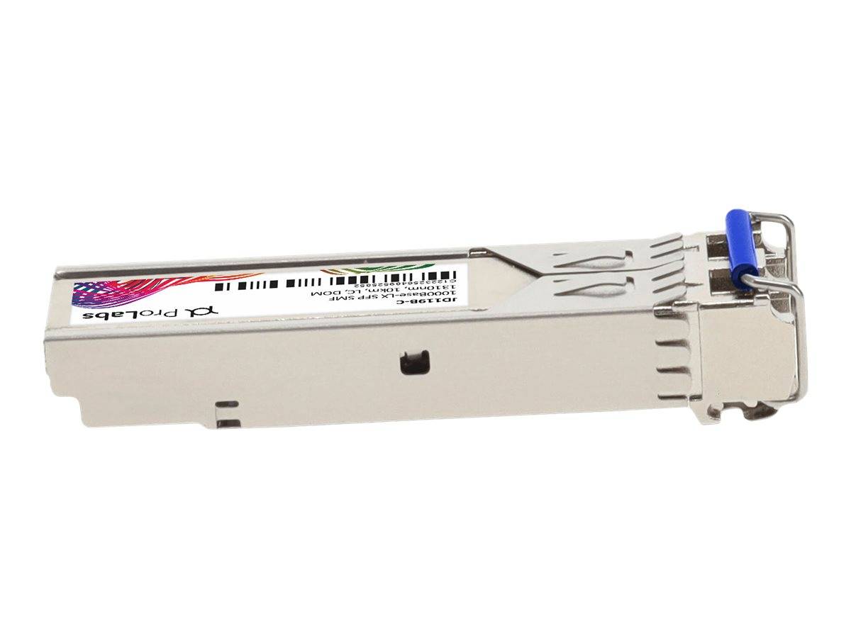 Eine Nahaufnahme einer metallischen elektronischen Komponente mit Barcode und Seriennummer, mit einem blauen Kunststoffteil an einem Ende.