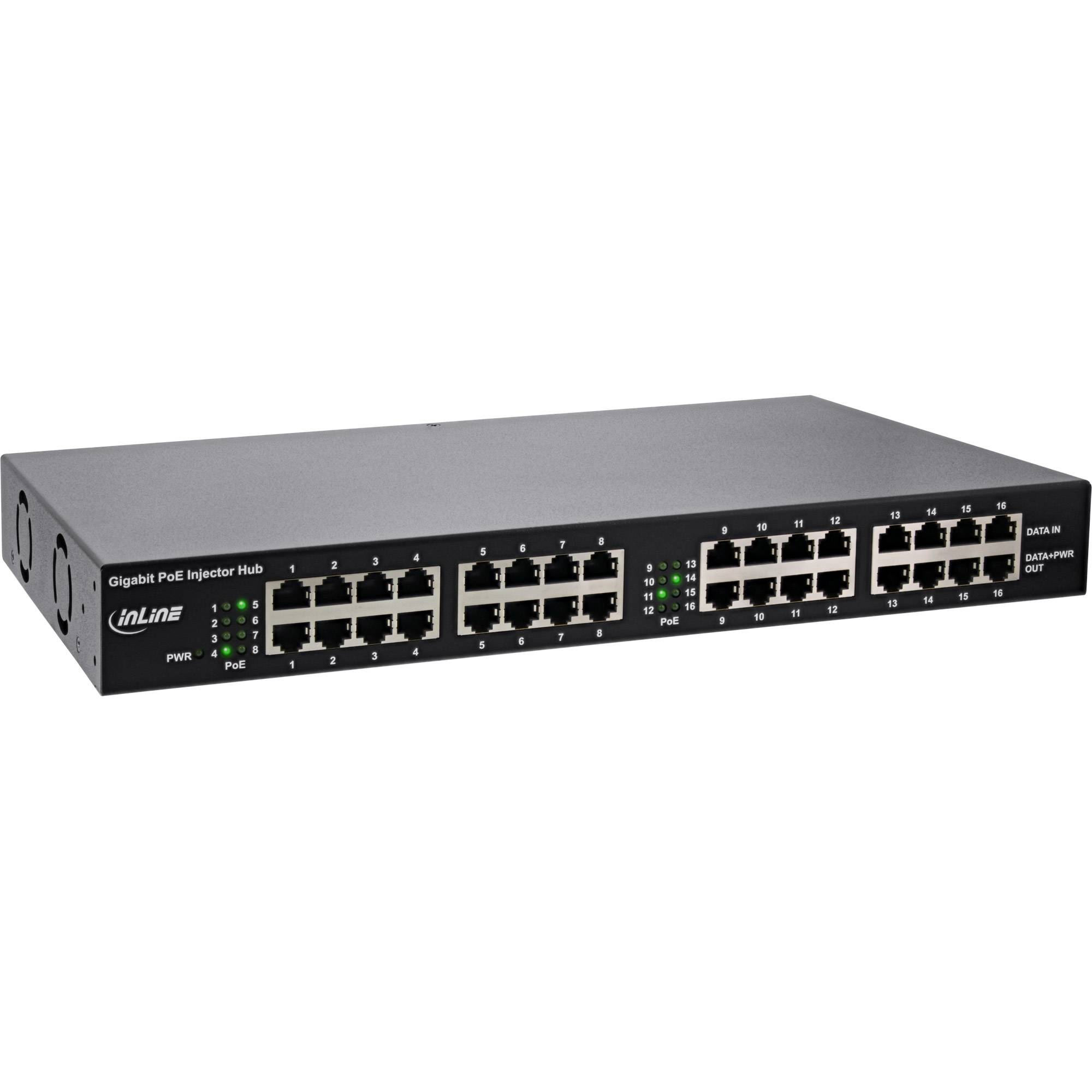INLINE - PoE+ Gigabit Netzwerk Injektor Hub 16 Port (16x PoE+) - 1Gb/s - 19""1HE