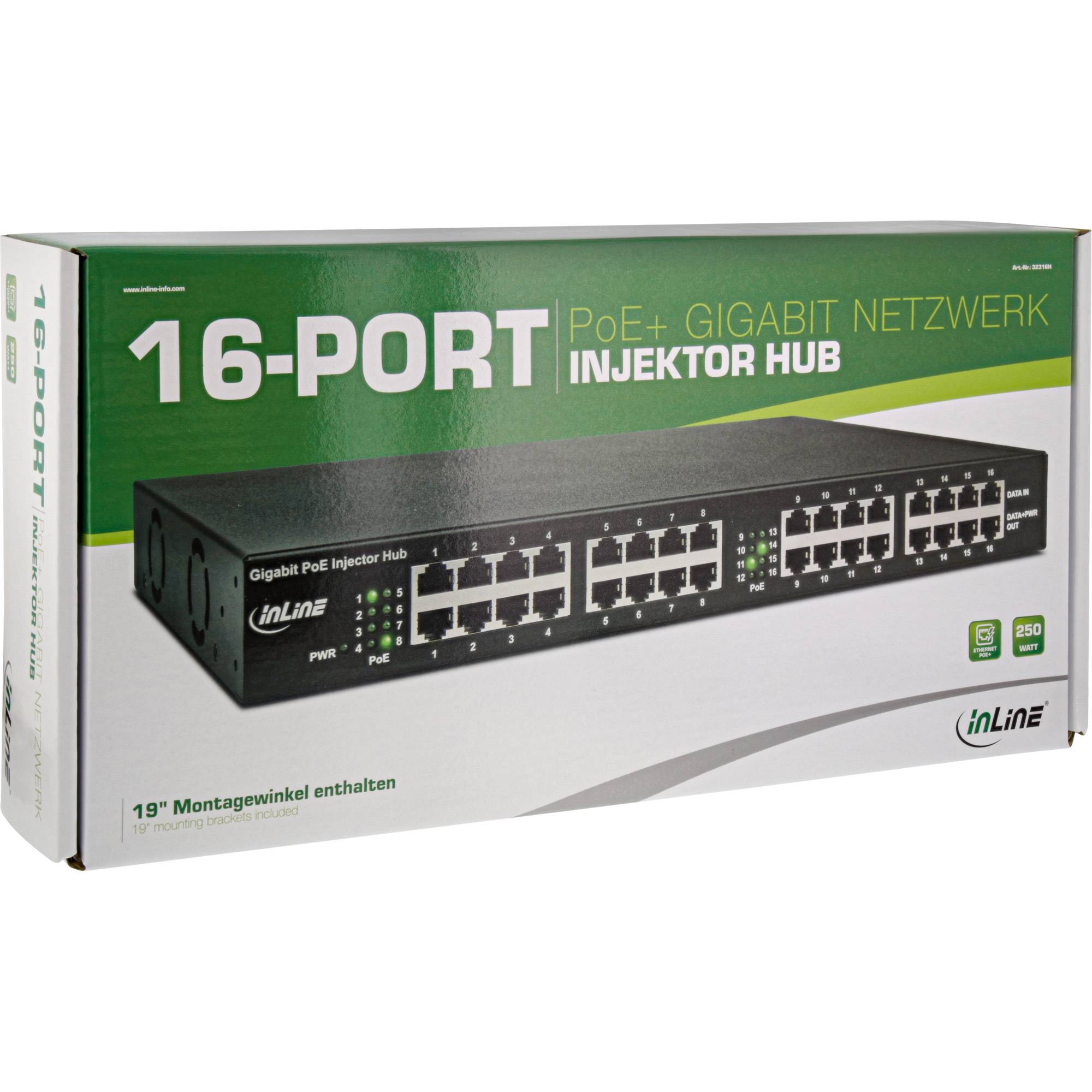 INLINE - PoE+ Gigabit Netzwerk Injektor Hub 16 Port (16x PoE+) - 1Gb/s - 19""1HE
