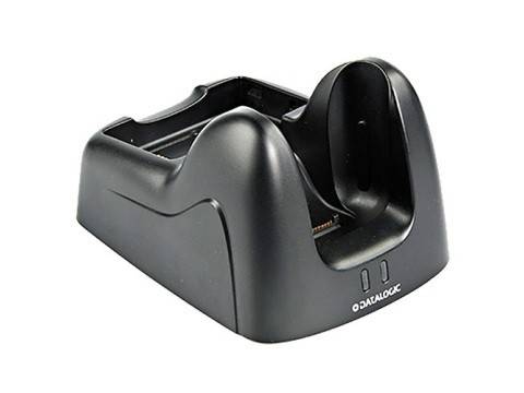 Schwarze Tischplattformen-Barcode-Scanner-Ladewiege mit einfachem Schacht und Datalogic-Logo auf der Vorderseite.