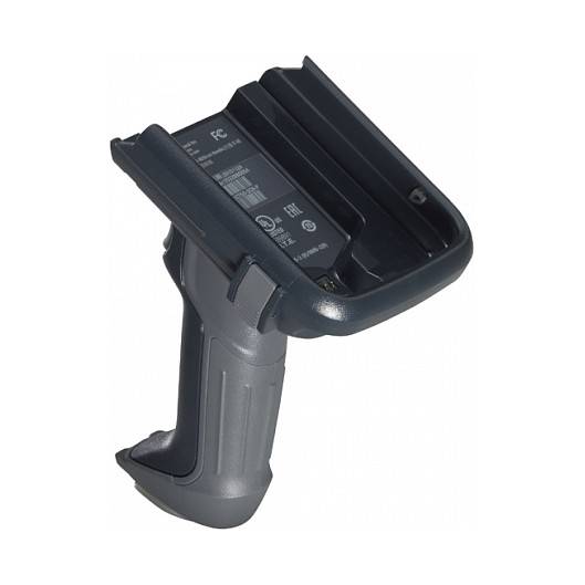 Schwarze tragbare Barcode-Scanner-Wiege oder Ladestation auf weißem Hintergrund dargestellt.