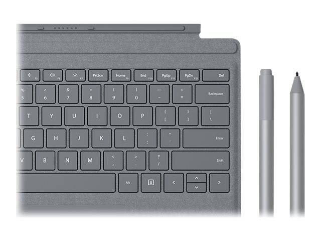 Nahaufnahme einer grauen Tastatur mit zwei Stiften, die auf der rechten Seite stehen, zeigt eine Tablet-Tastaturhülle und Stift-Zubehör.