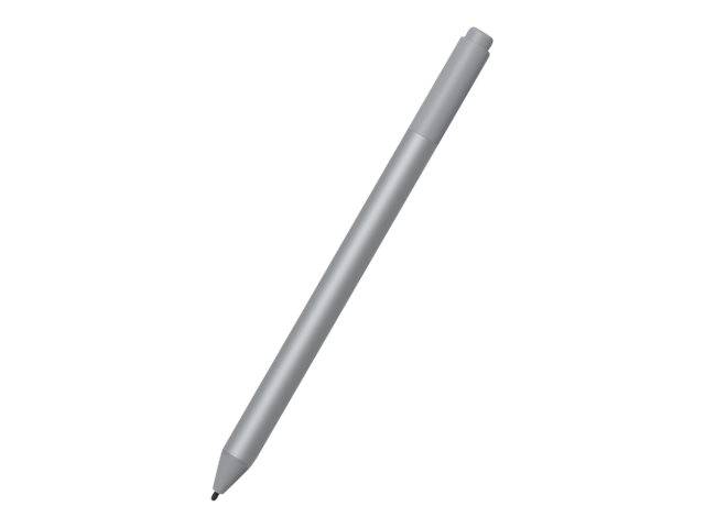 Silberner Eingabestift im Winkel diagonal auf einem weißen Hintergrund angeordnet.