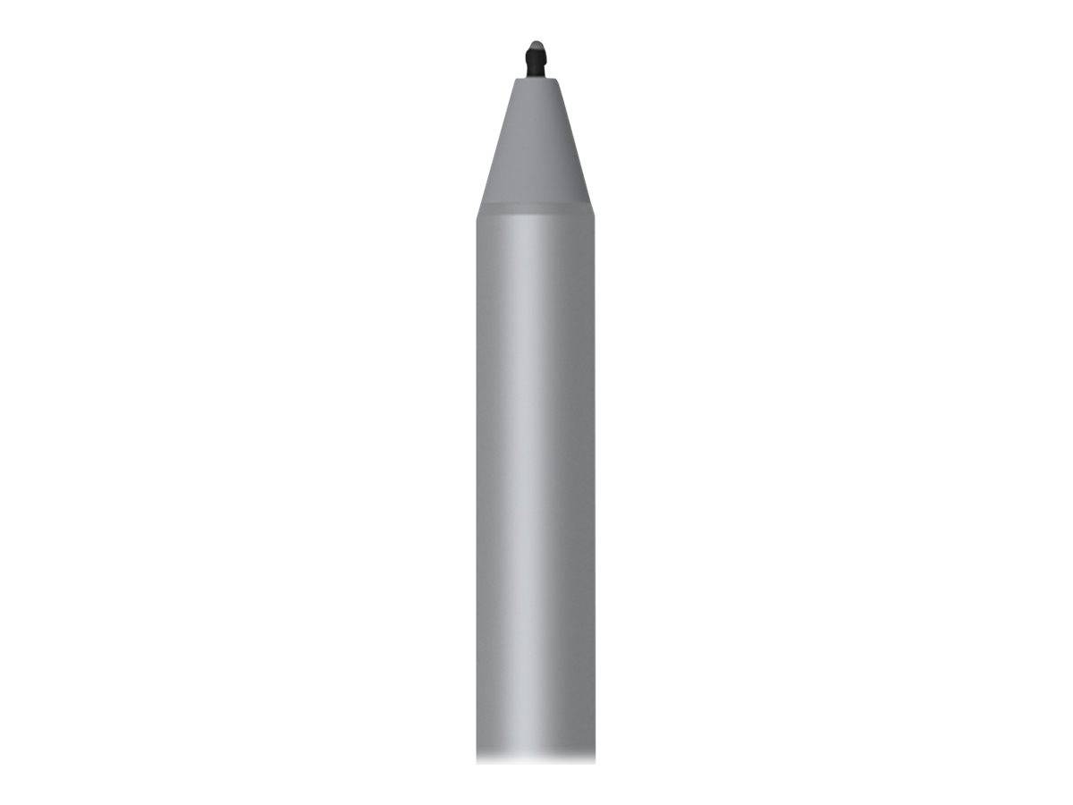 Silberner Stylus-Stift mit schwarzer Spitze, aufrecht auf einem einfachen weißen Hintergrund dargestellt.