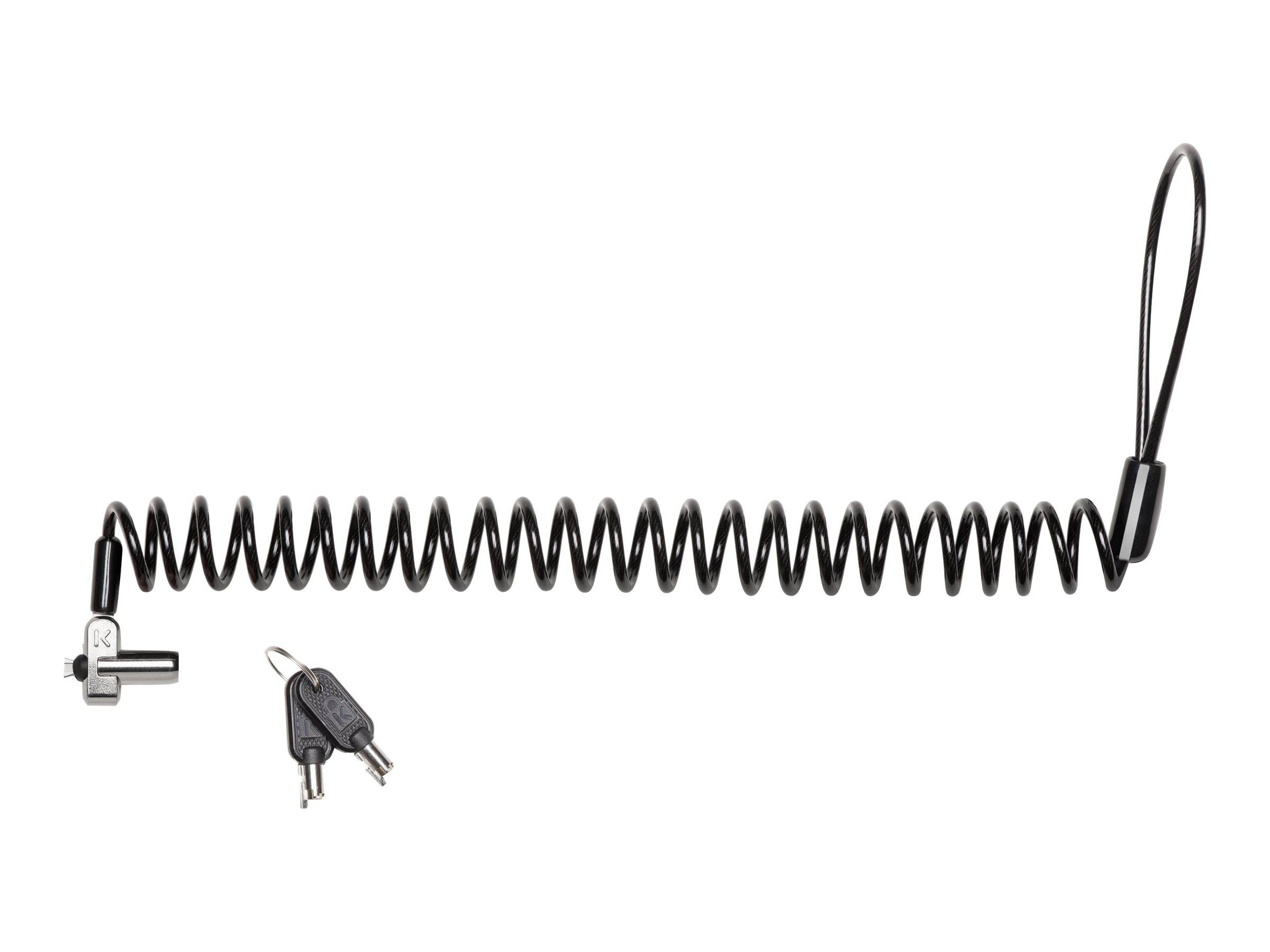 Ein schwarzes, spiralförmiges Kabelschloss für Fahrräder mit zwei Schlüsseln auf der linken Seite.