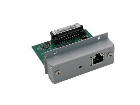 Ethernet-Netzwerkadaptermodul mit einzelnem RJ45-Port und metallischer Befestigungshalterung auf weißem Hintergrund