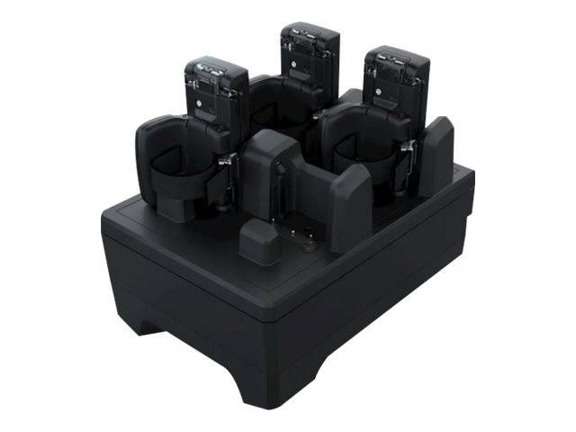 Schwarzes Kunststoff-Ladegerät mit vier aufrechten Batterieplätzen und kreisförmigen Wiegen, gezeigt auf einfachem weißem Hintergrund.