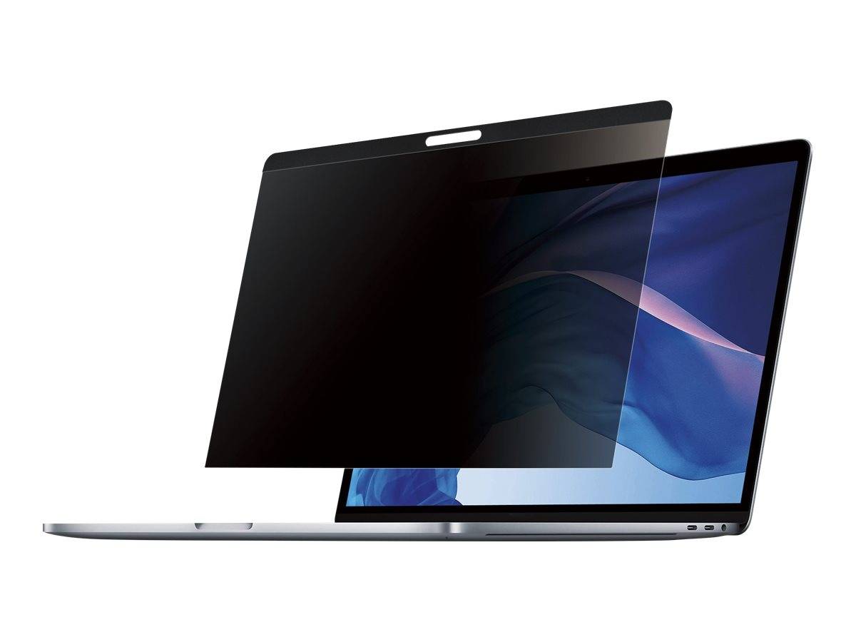 Laptop mit einem Datenschutzfilter, der die Anzeige teilweise verdeckt und die Sichtwinkel reduziert.