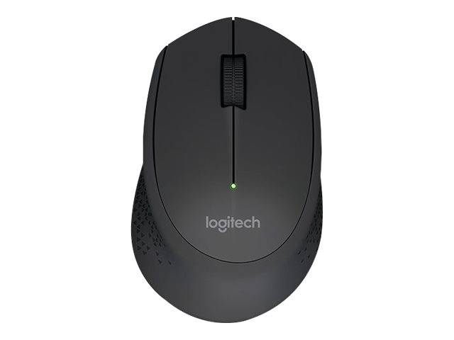 Eine schwarze Logitech-Computermaus mit einem Scrollrad und einer LED-Anzeige auf der Oberseite.