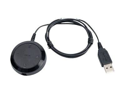Schwarze kabelgebundene USB-Fernbedienung mit rundem Steuerpad und drei Tasten, gezeigt mit angeschlossenem Kabel und USB-Stecker auf weißem Hintergrund