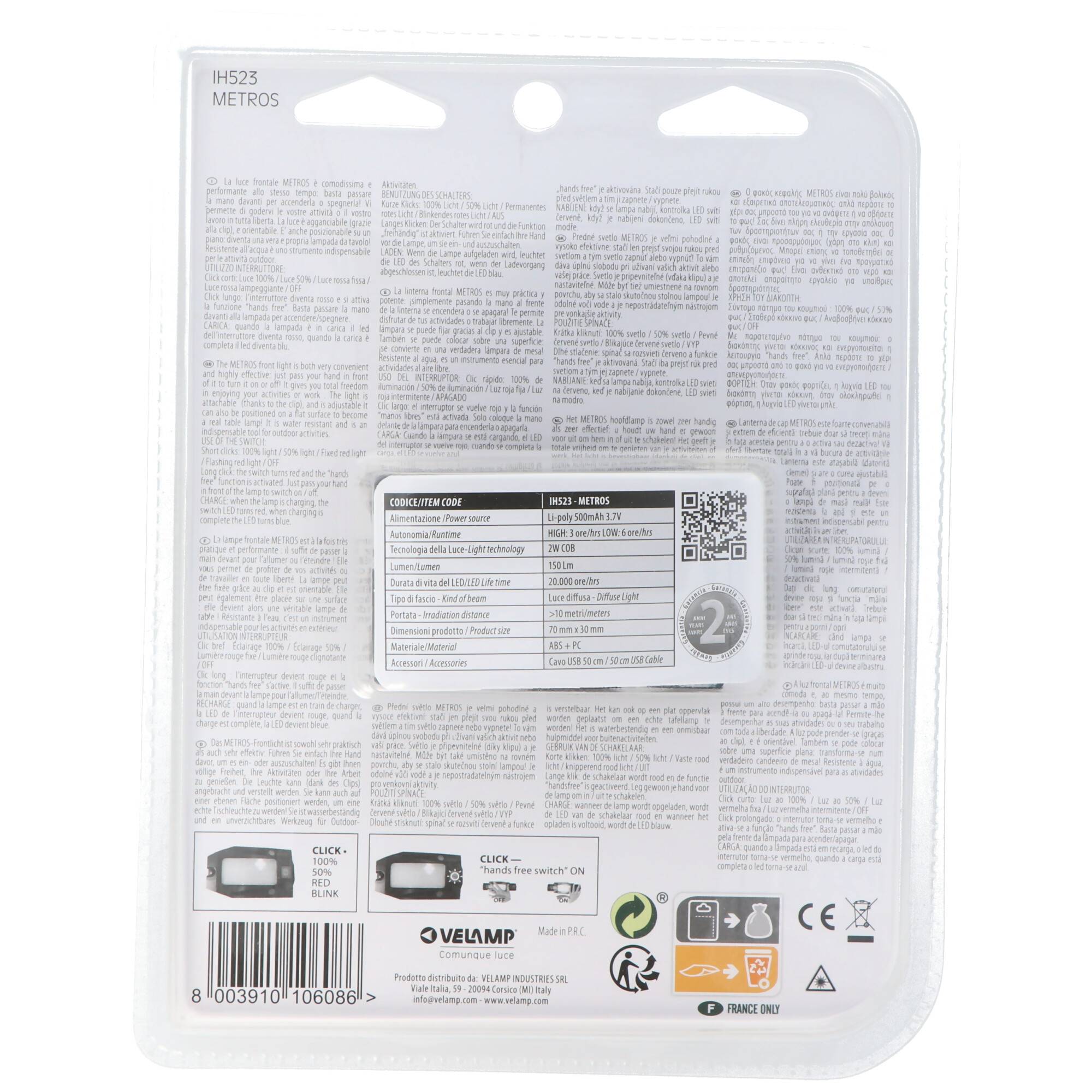 Velamp Metros LED Stirnlampe IH523, akkubetriebener Mulitfunktionsscheinwerfer mit Infrarotschalter inklusive Akku