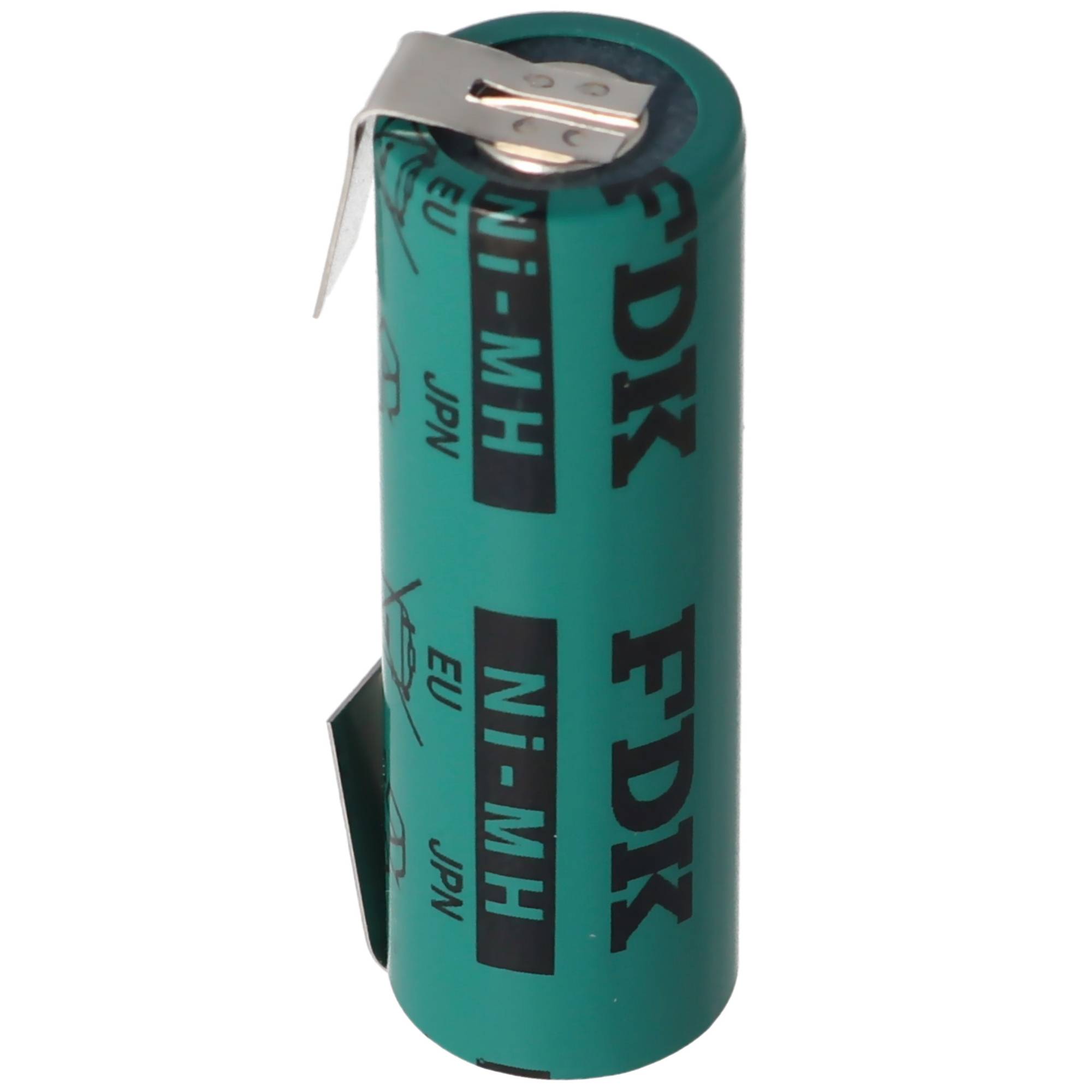 Einzelne grüne FDK Ni-MH Batteriezelle mit Metallfahnen auf weißem Hintergrund.