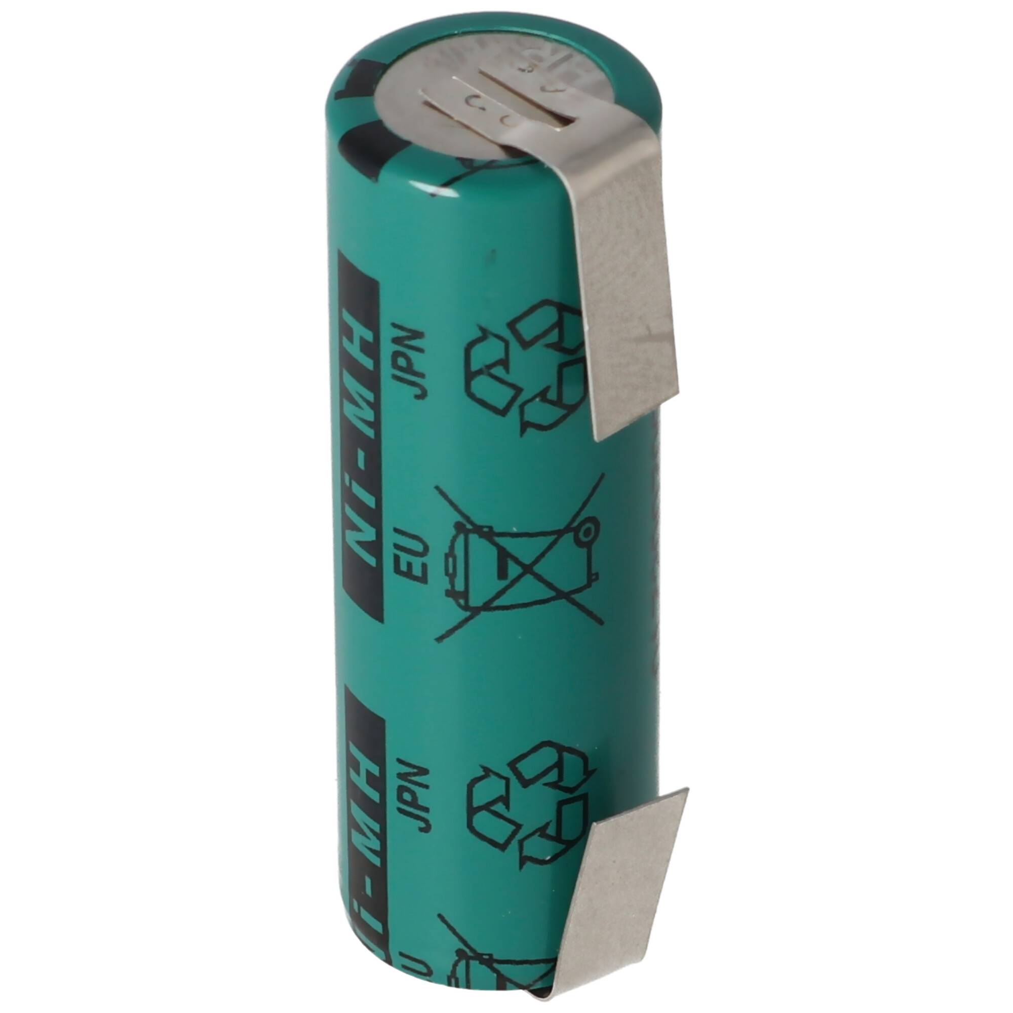 Grüne zylindrische Ni-MH wiederaufladbare Batterie mit Metallklemmen oben und unten, isoliert auf weißem Hintergrund.