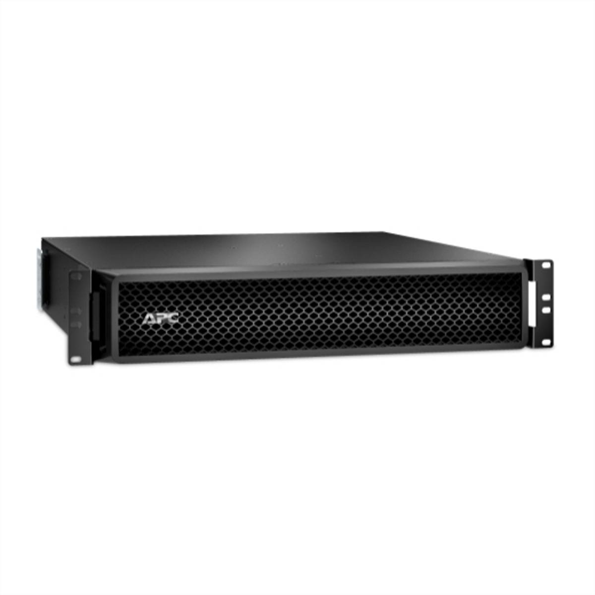 Schwarze APC-Rack-Mount-Servereinheit mit Frontgitter und Seitenbefestigungen auf weißem Hintergrund.