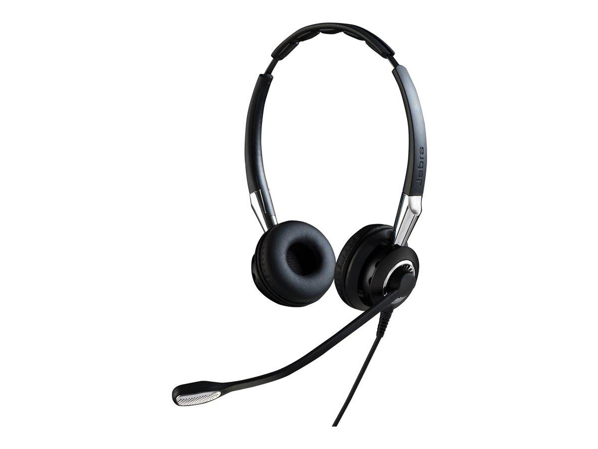 Schwarzes Over-Ear-Headset mit Boom-Mikrofon auf weißem Hintergrund.
