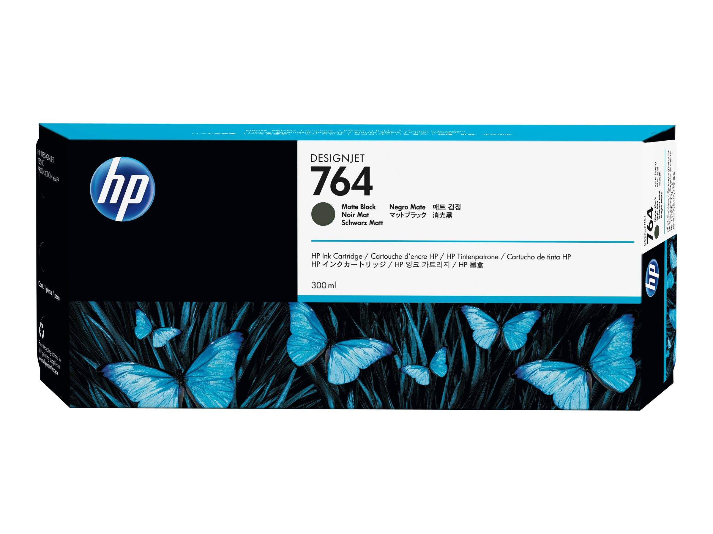 HP DesignJet 764 Tintenvpatrone in mattem Schwarz mit Verpackung mit blauem Schmetterlingsdesign und HP-Logo.