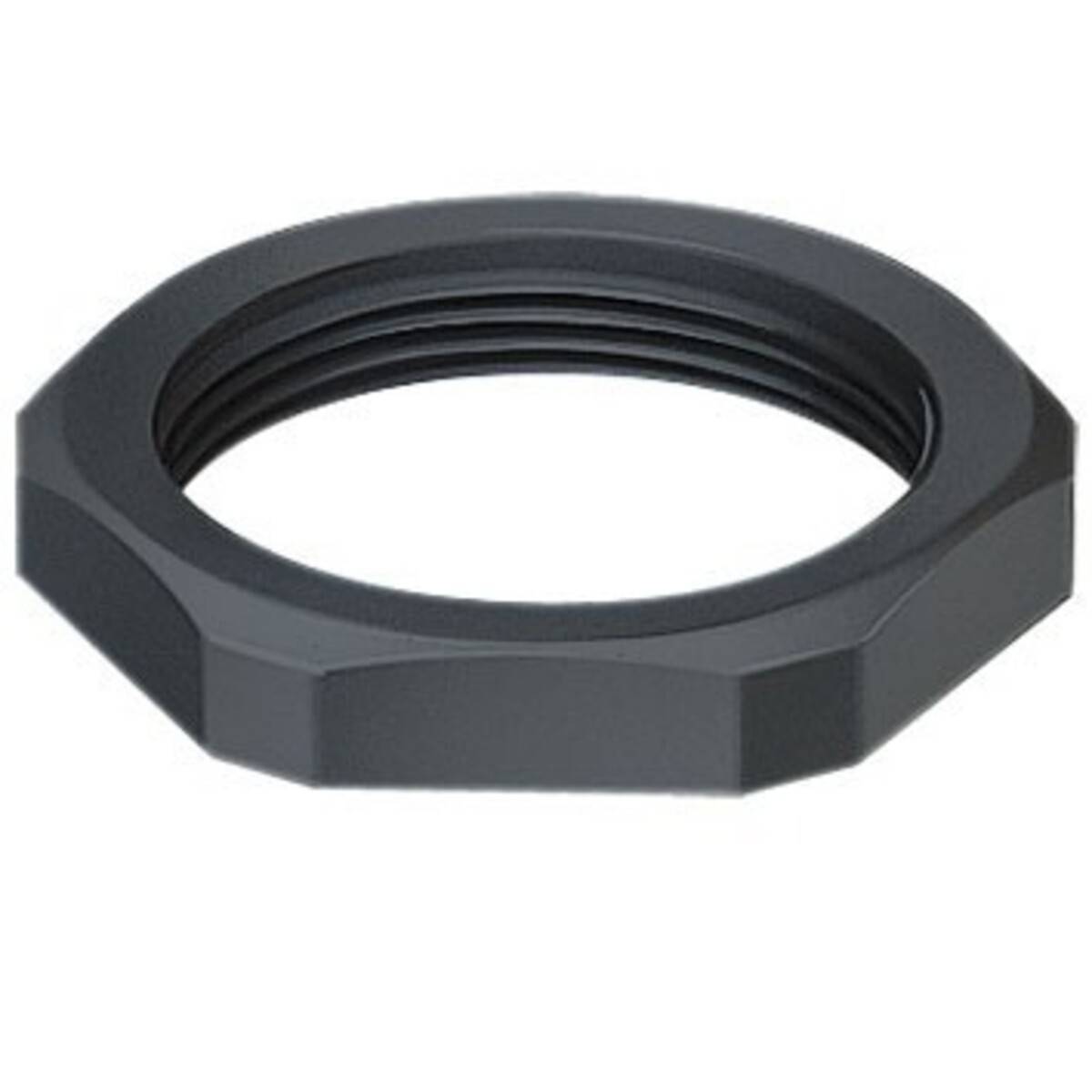 Eine schwarze sechseckige Befestigungsmutter aus Kunststoff mit Innengewinde, die zum Sichern oder Befestigen von Komponenten verwendet wird.
