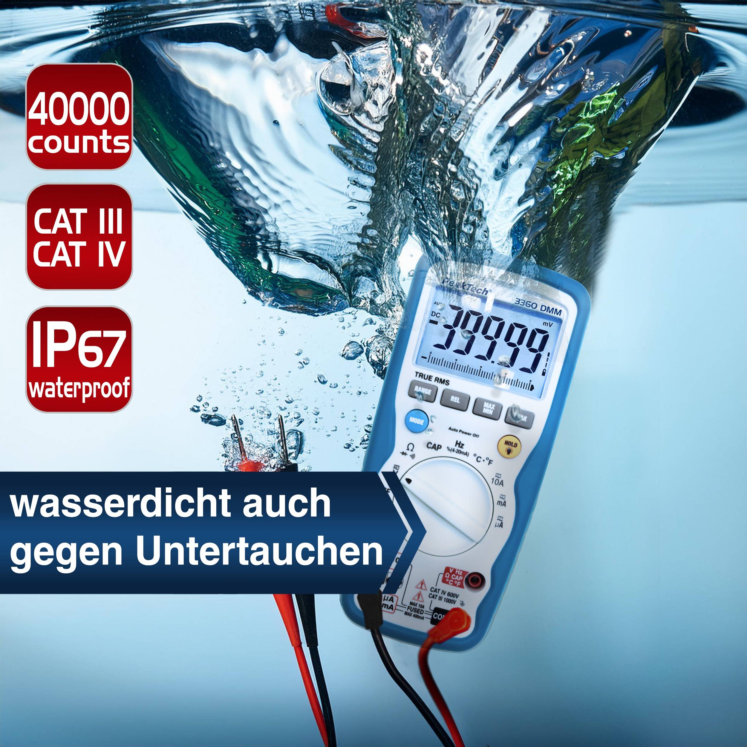 PEAKTECH Multimeter, P 3360, True RMS, IP67, 40000 Counts