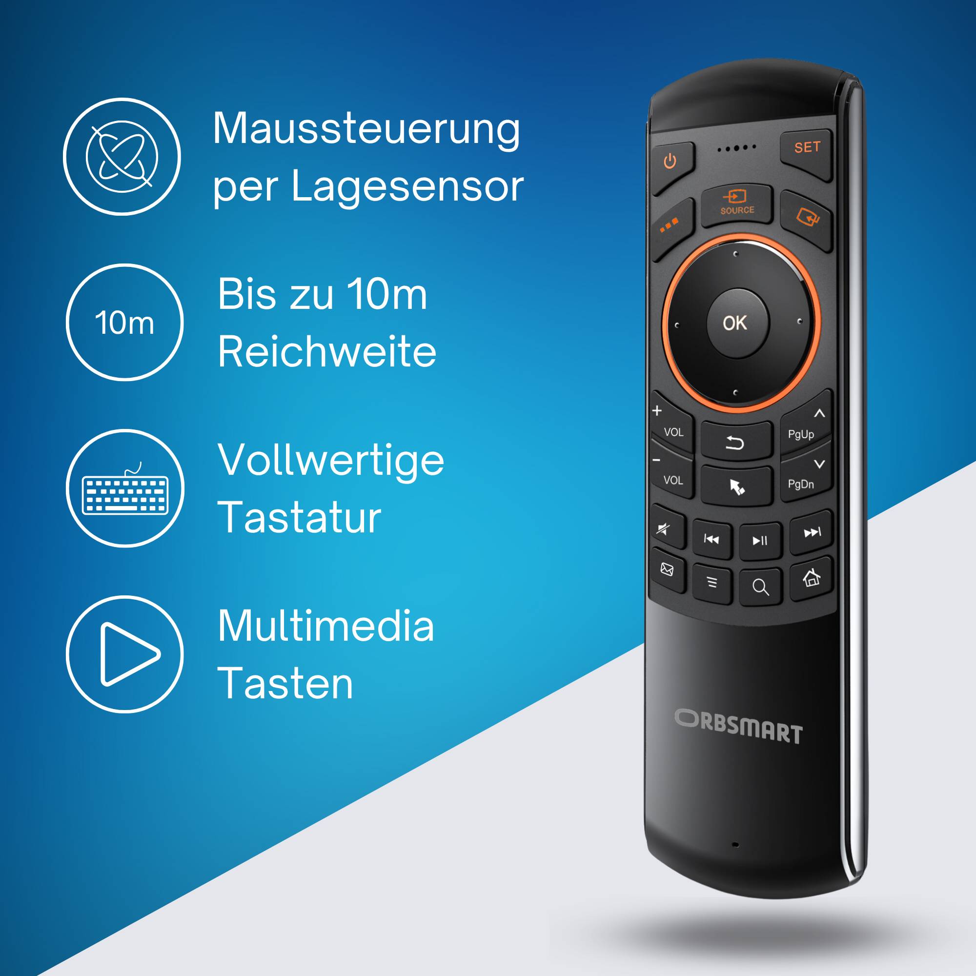 Orbsmart AM-1 kabellose Air Mouse Fernbedienung mit QWERTZ Mini-Tastatur, Gyro & Infrarot-Anlernfunktion