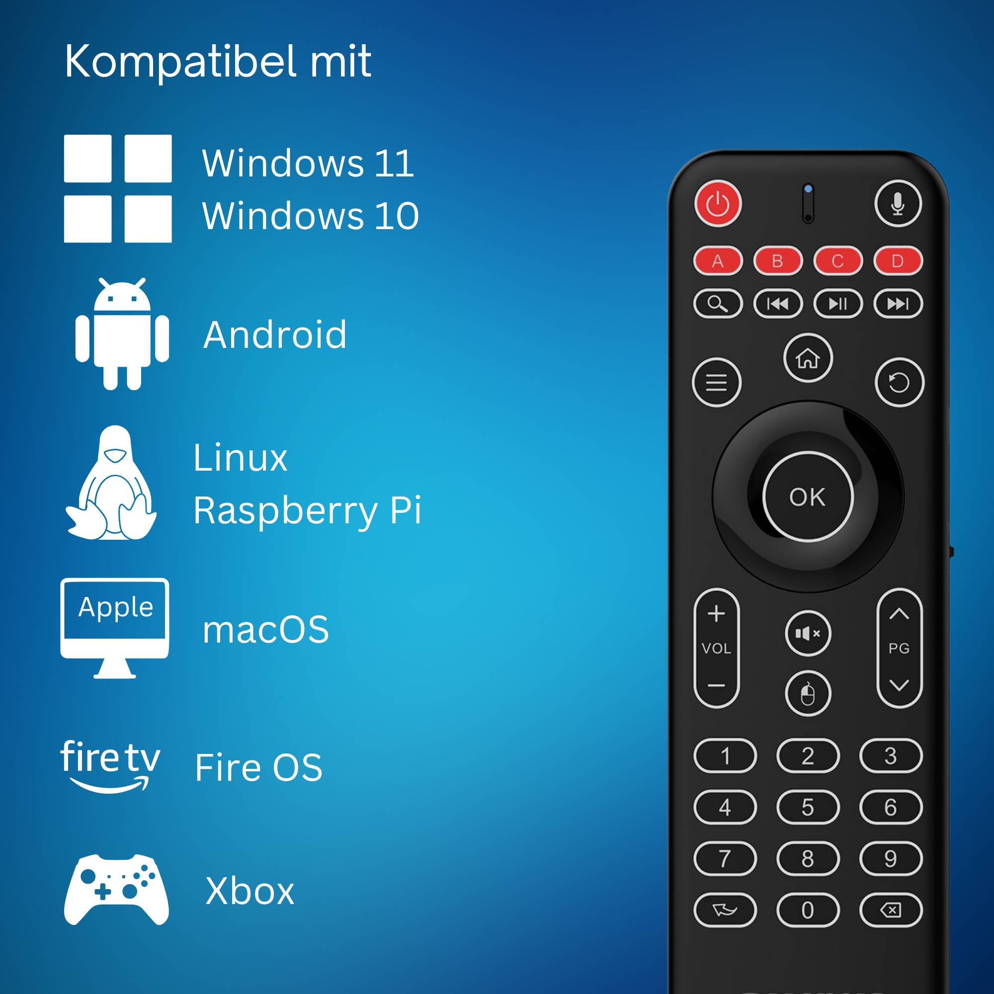 Orbsmart AM-1 Pro Air Mouse & Mini-Tastatur (QWERTZ) mit LED-Beleuchtung, Mikrofon & Gyro PC/Android