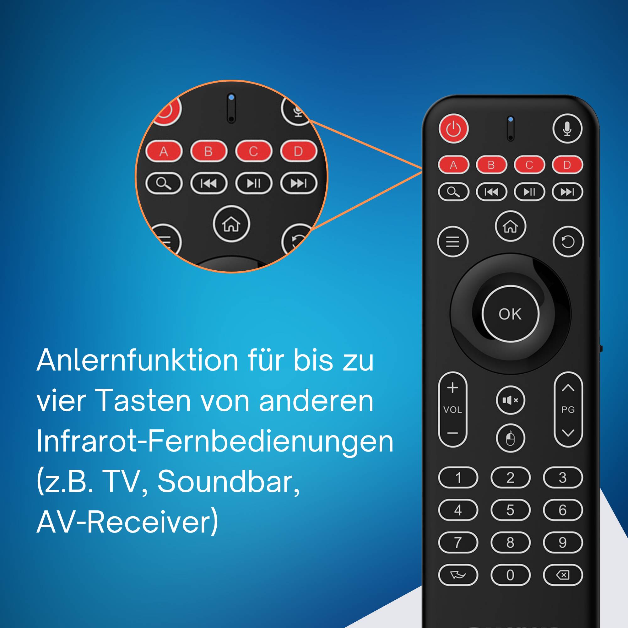 Orbsmart AM-1 Pro Air Mouse & Mini-Tastatur (QWERTZ) mit LED-Beleuchtung, Mikrofon & Gyro PC/Android