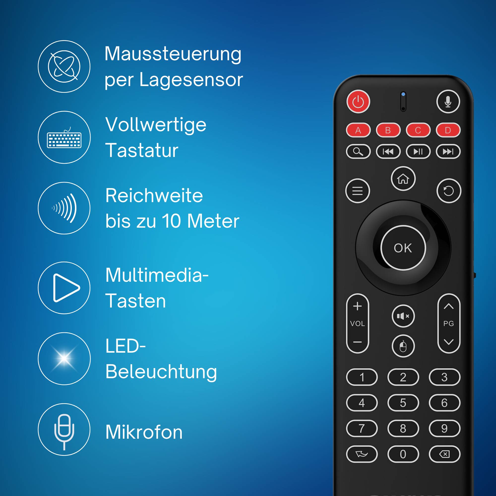 Orbsmart AM-1 Pro Air Mouse & Mini-Tastatur (QWERTZ) mit LED-Beleuchtung, Mikrofon & Gyro PC/Android