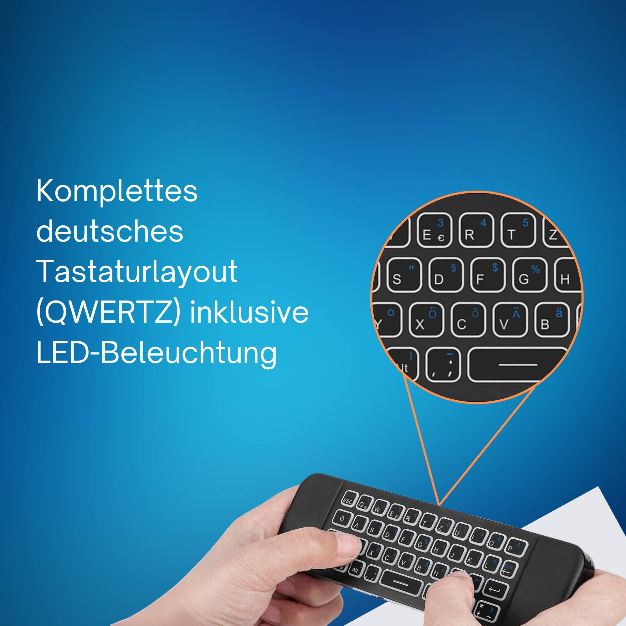 Orbsmart AM-1 Pro Air Mouse & Mini-Tastatur (QWERTZ) mit LED-Beleuchtung, Mikrofon & Gyro PC/Android