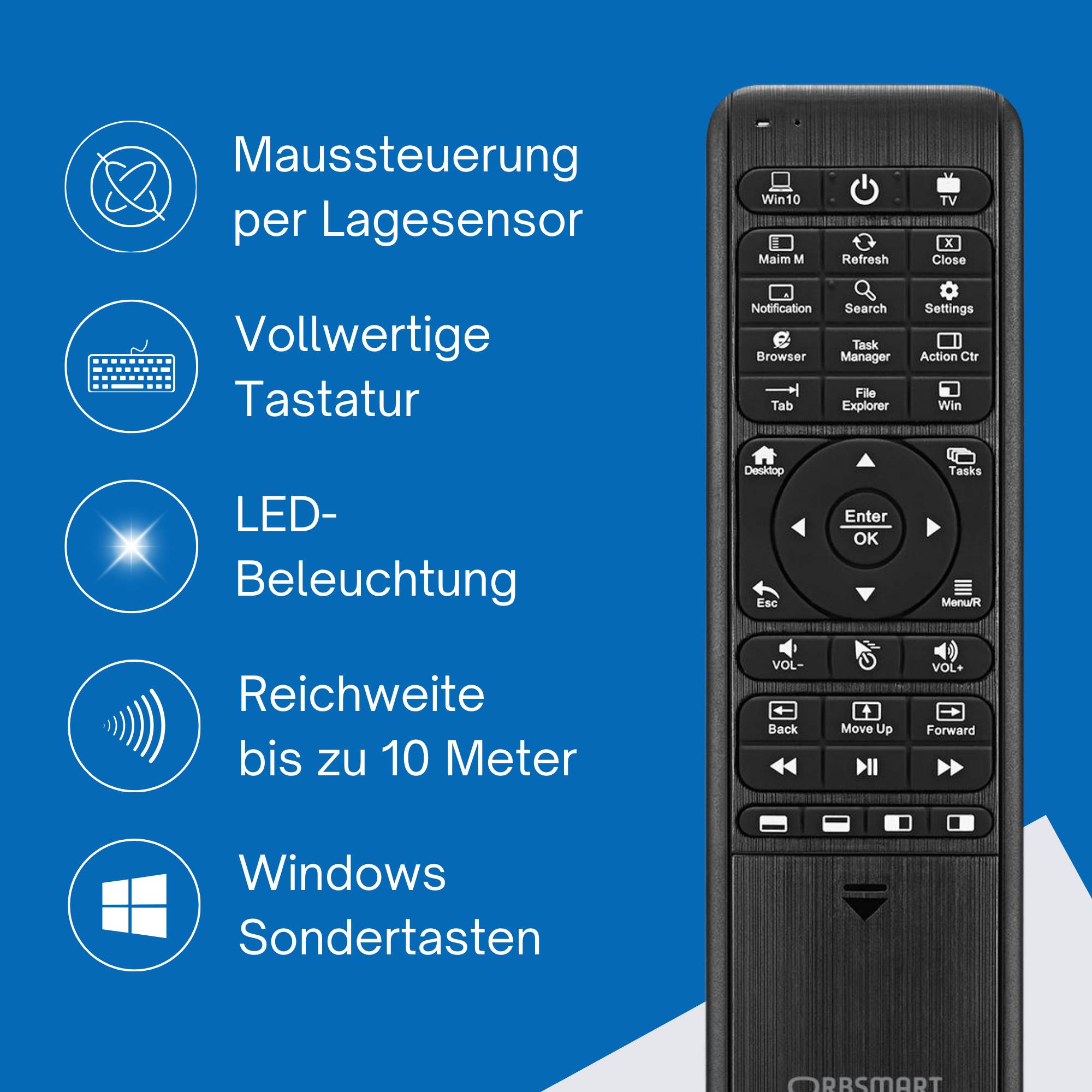 Orbsmart WA-1 Windows Air Mouse & PC-Fernbedienung mit beleuchteter QWERTZ-Tastatur und IR-Learning