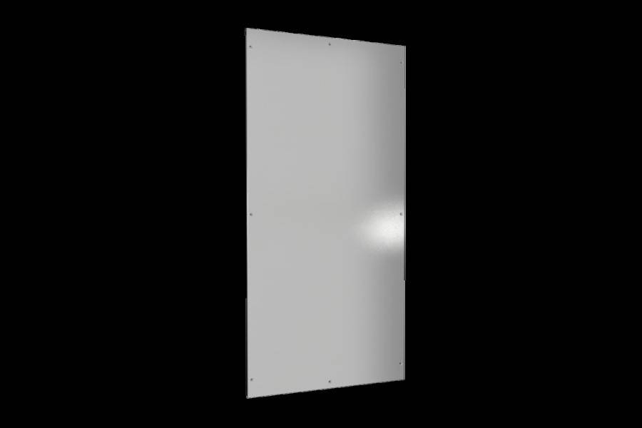 Eine schlichte, rechteckige graue Metallplatte mit glatter Oberfläche, die vor einem schwarzen Hintergrund positioniert ist.