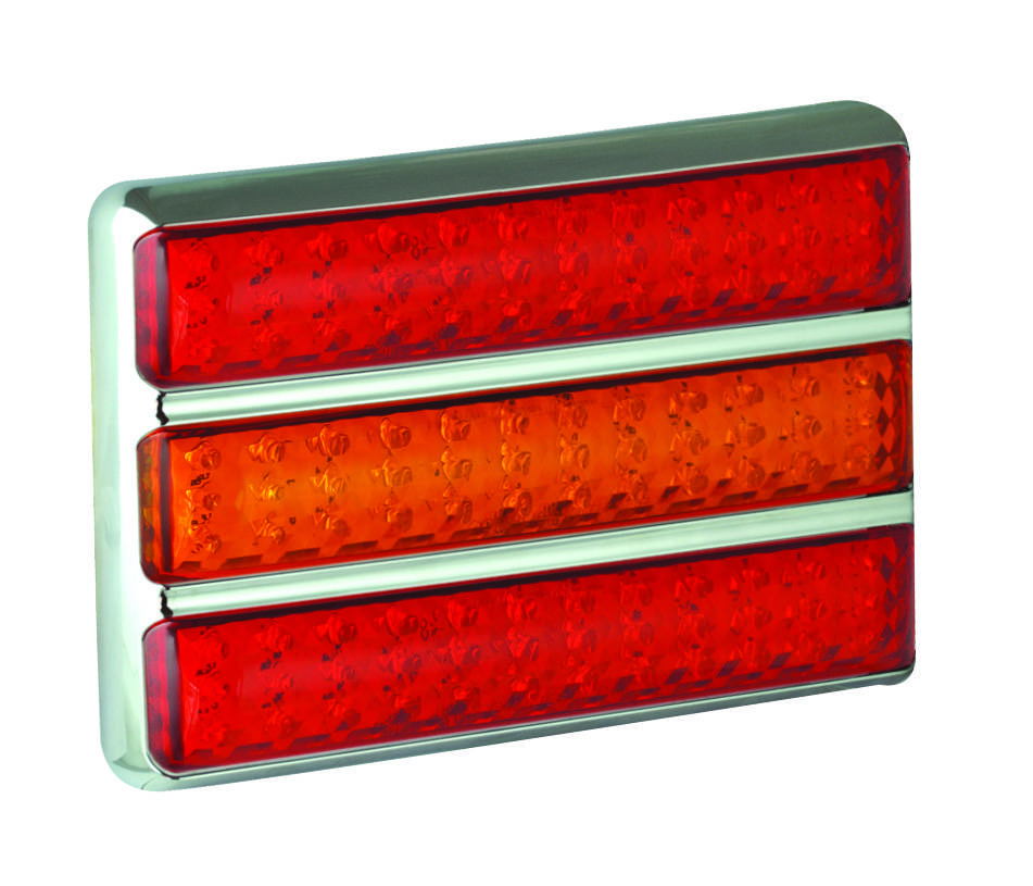 LED Rückleuchte, 2 x Schluss-, Brems- und 1 x Blinkerleuchte, verchromter Aufbaurahmen