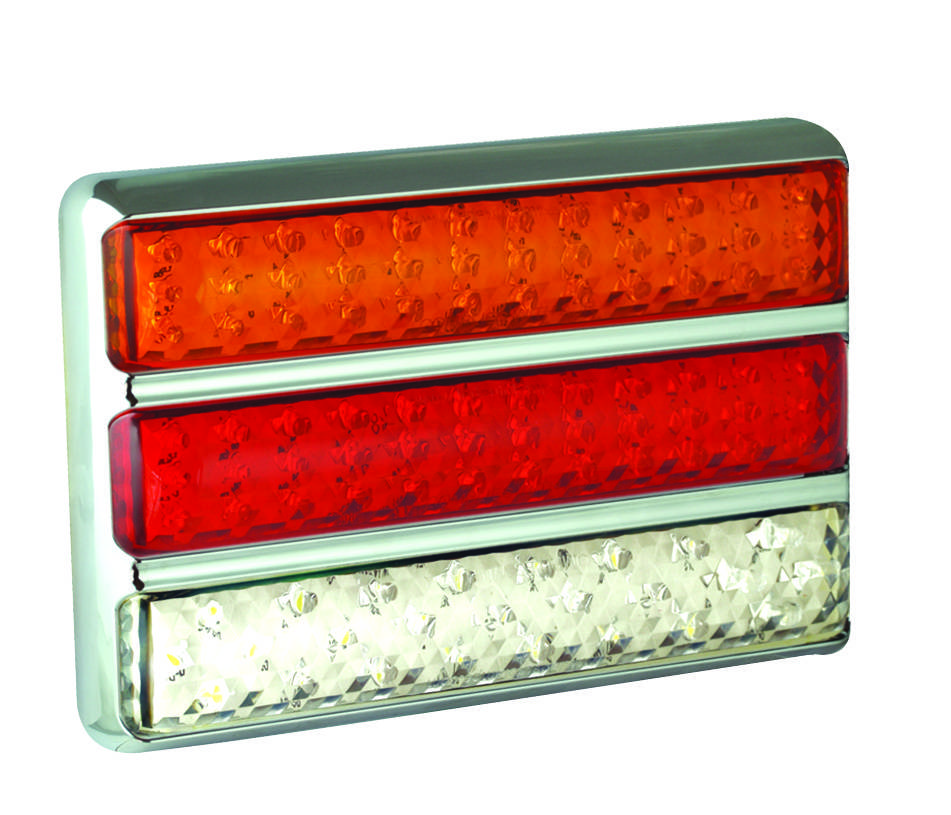 LED Rückleuchte, Schluss-, Brems-, Blink- u. Rückfahrleuchte, verchromter Aufbaurahmen