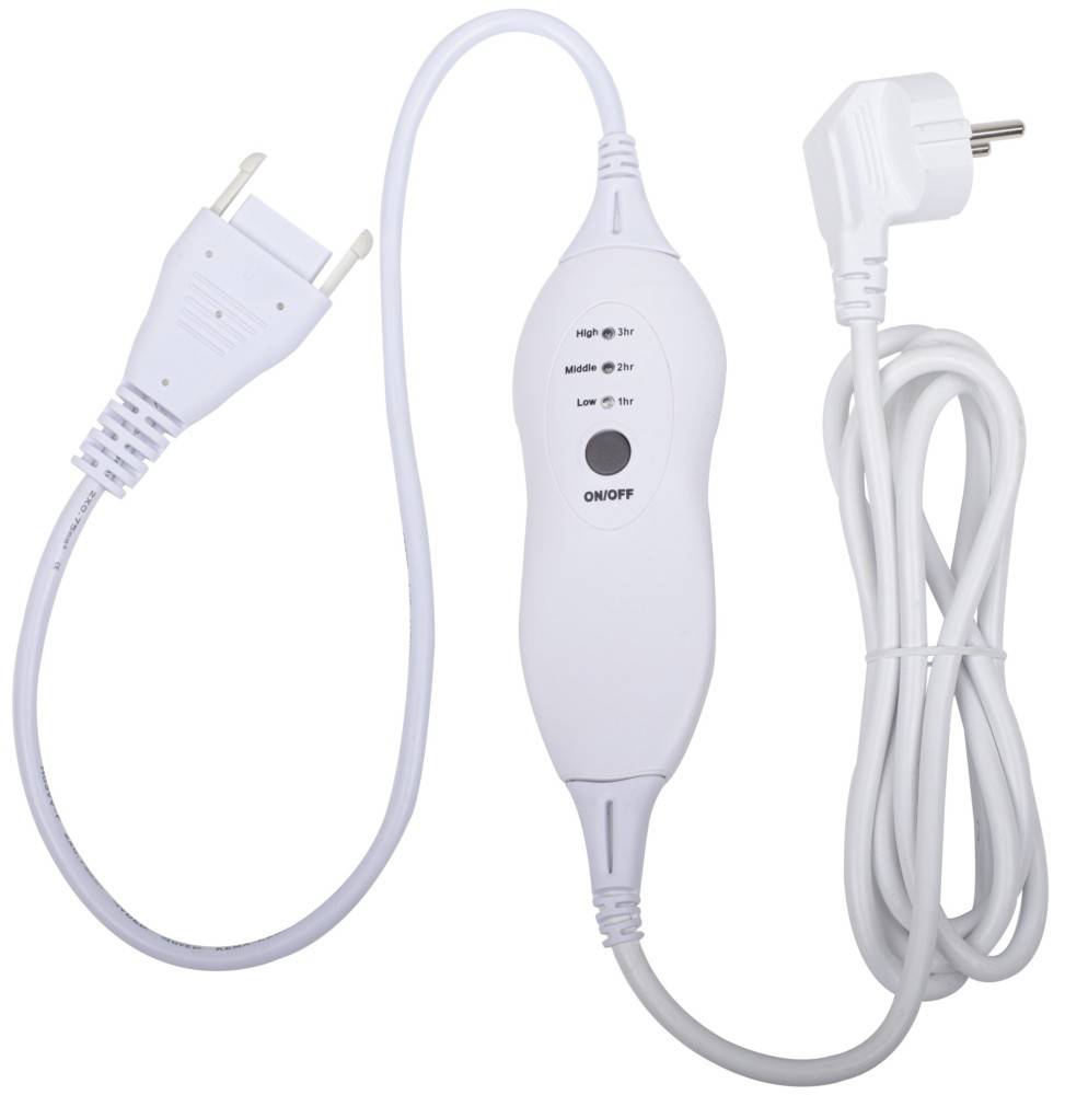 Ein elektrisches Heizdeckenkontroll mit drei Heizstufen, beschriftet als „Hoch 3 Std.