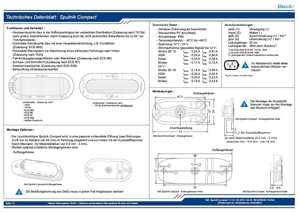 Sputnik Compact, 2 Stück LED Blitzmodule im Set Farbe: blau, Montage: Aufbau Kofferraumklappe (Zulassung TA13a)