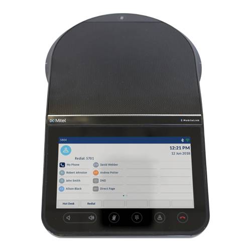 Foto eines Mitel-Tischtelefons mit Touchscreen, das eine Kontakt-/Anrufliste und die Uhrzeit 12:21 Uhr, 12. Juni 2018 anzeigt.