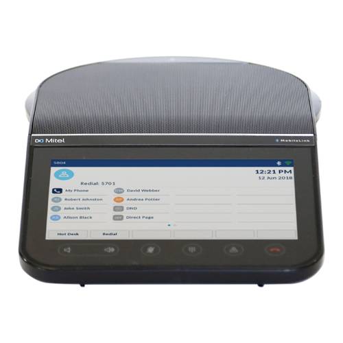Mitel-Schreibtischtelefon mit Touchscreen, das eine Anrufliste und Kontaktoptionen anzeigt, mit Uhrzeit 12:21 Uhr und Datum 12. Juni 2018.