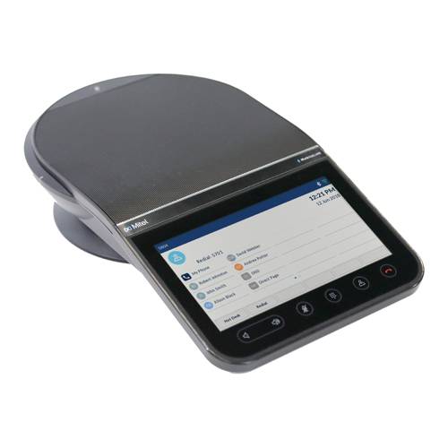 Ein Touchscreen-Schreibtischtelefon mit einem großen Lautsprecherbereich und einem kleinen Display, das eine Kontakt- oder Anruflistenschnittstelle anzeigt.
