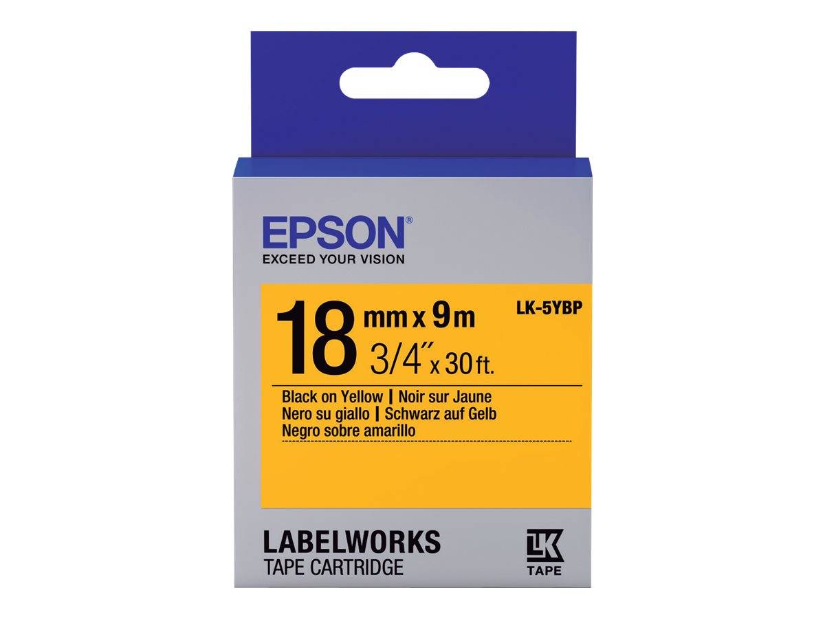 Epson LabelWorks Klebeband-Kassette, 18 mm x 9 m, schwarz auf gelb, Modell LK-5YBP.