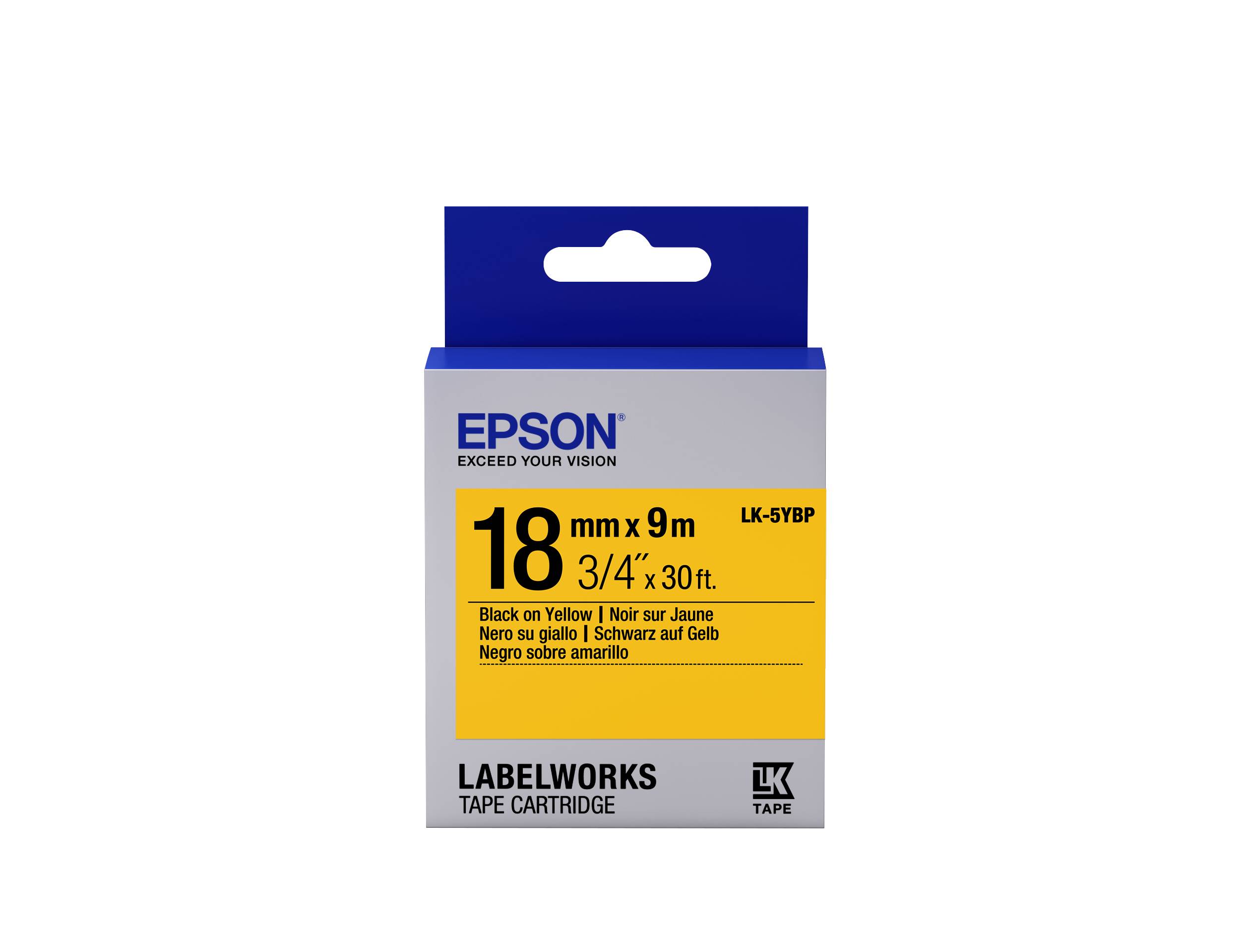 Epson LabelWorks Klebebandkassette, 18 mm x 9 m Schwarz auf Gelb, Vorderansicht auf weißem Hintergrund gezeigt.