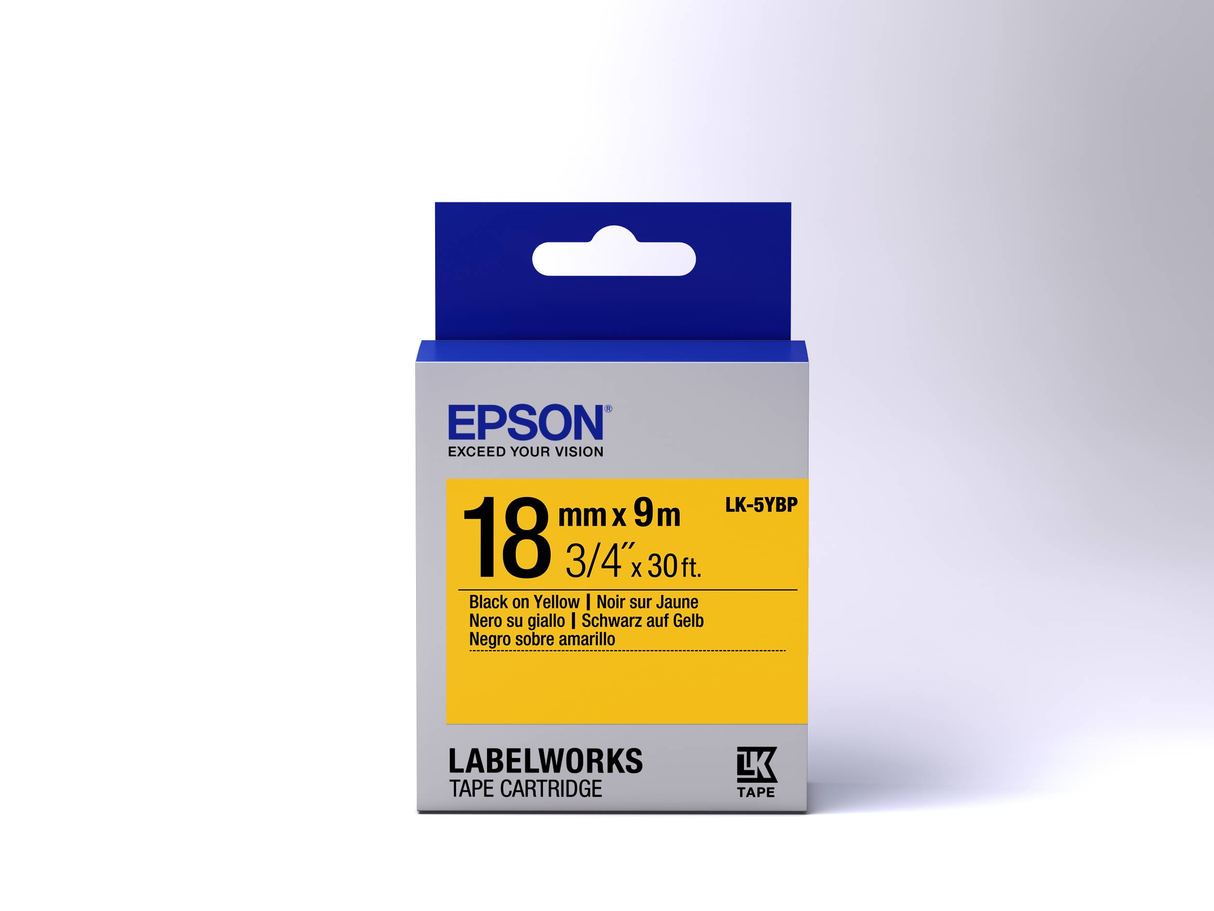 Epson LabelWorks Etikettenkassettenpaket, 18 mm x 9 m schwarzes Etikett auf gelbem Etikettenband.