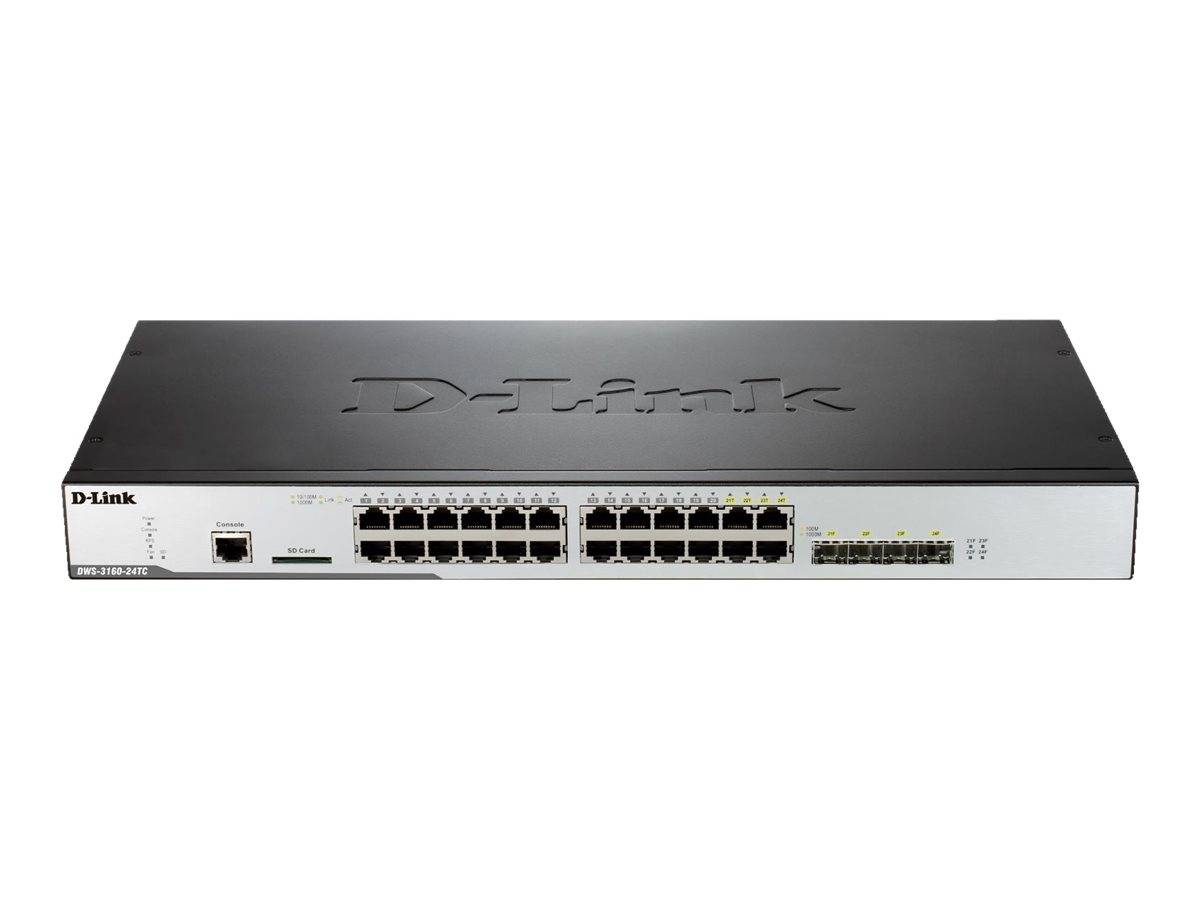 Vorderansicht eines D-Link Ethernet-Switches mit mehreren Netzwerkports auf weißem Hintergrund.