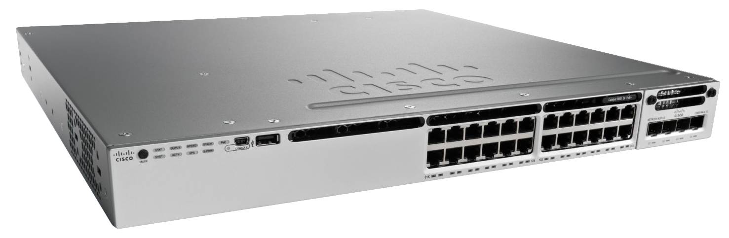 Vorderansicht eines Cisco-Netzwerk-Switches, ein in einem Rack montiertes Gerät mit mehreren Ethernet-Anschlüssen und Statusanzeigen auf einem silbernen Gehäuse.