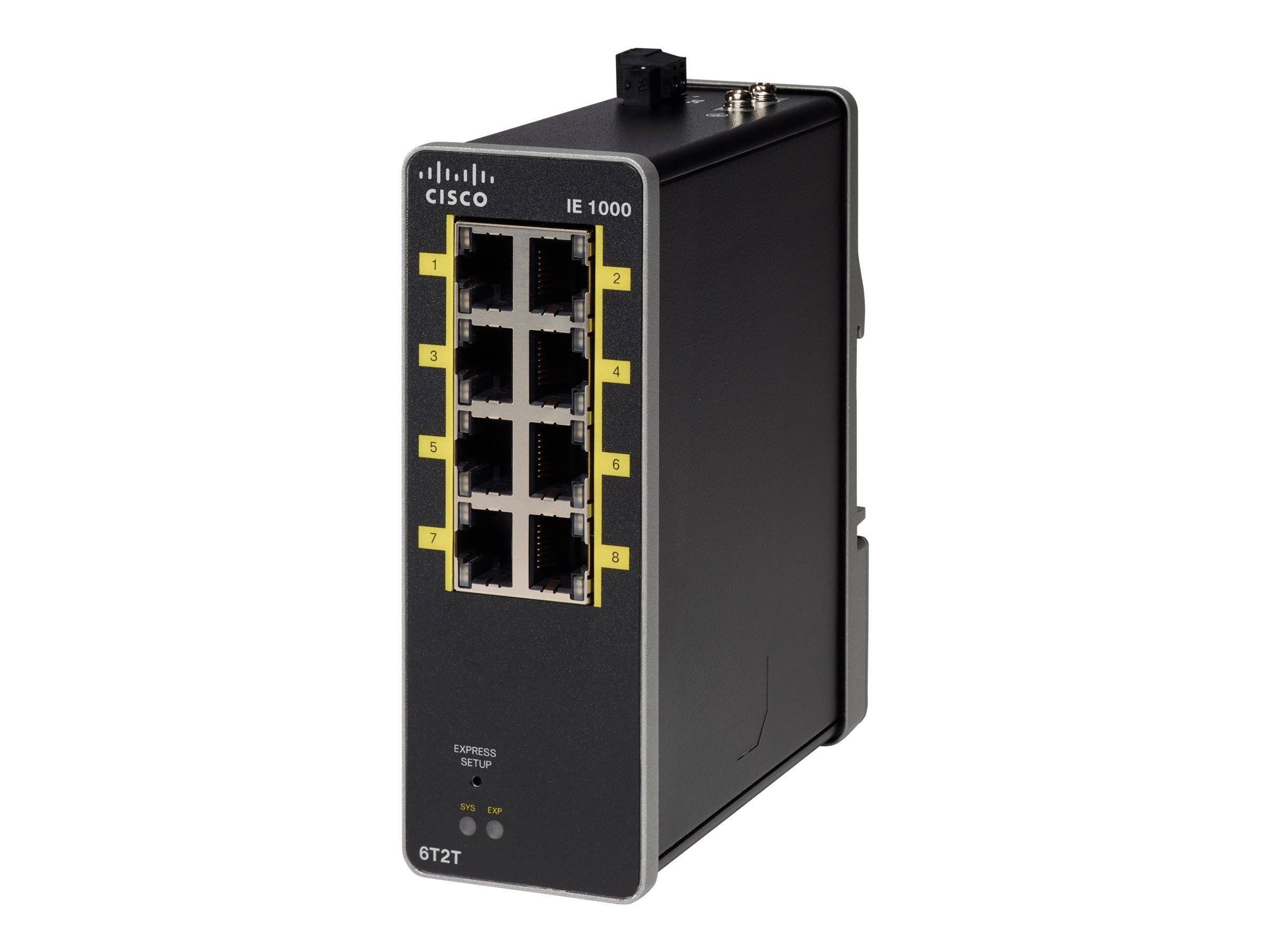 Cisco IE 1000 Industrial-Ethernet-Switch mit acht nummerierten Anschlüssen auf einem schwarzen Frontpanel.