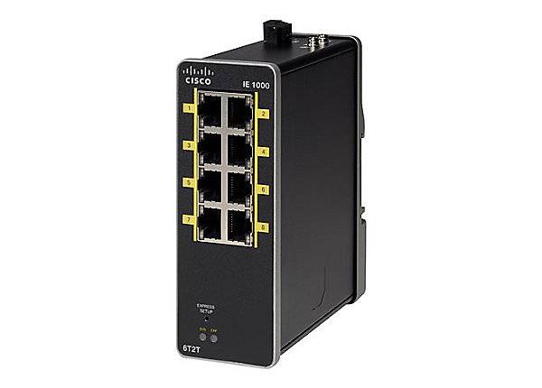 Cisco IE 1000 Industrial-Ethernet-Switch, schwarz, mit acht nummerierten RJ45-Anschlüssen auf der Frontplatte.