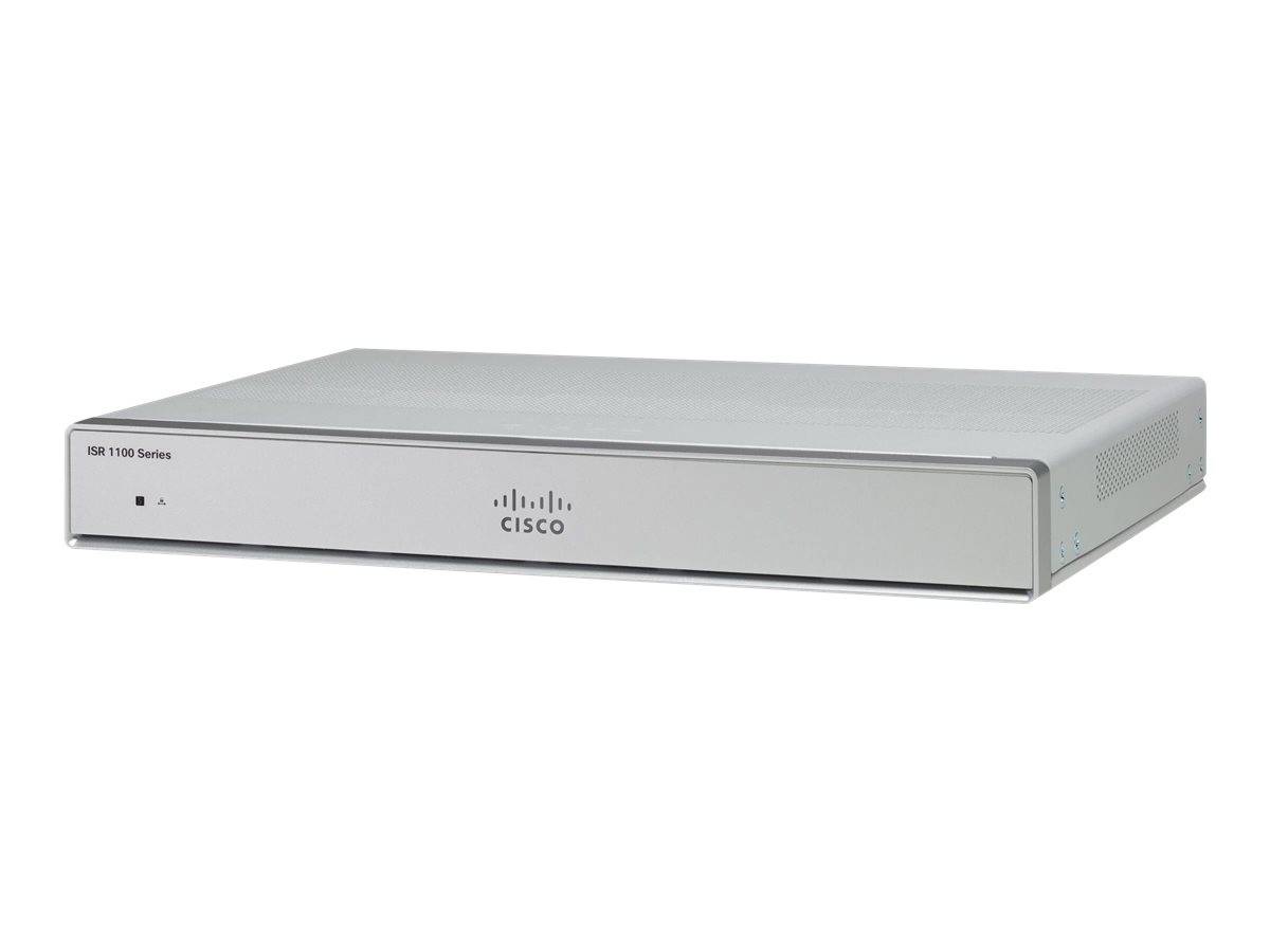 Frontansicht eines Cisco ISR 1100 Series Netzwerk-Routers in einem silbernen Rack-Mount-Gehäuse auf weißem Hintergrund.