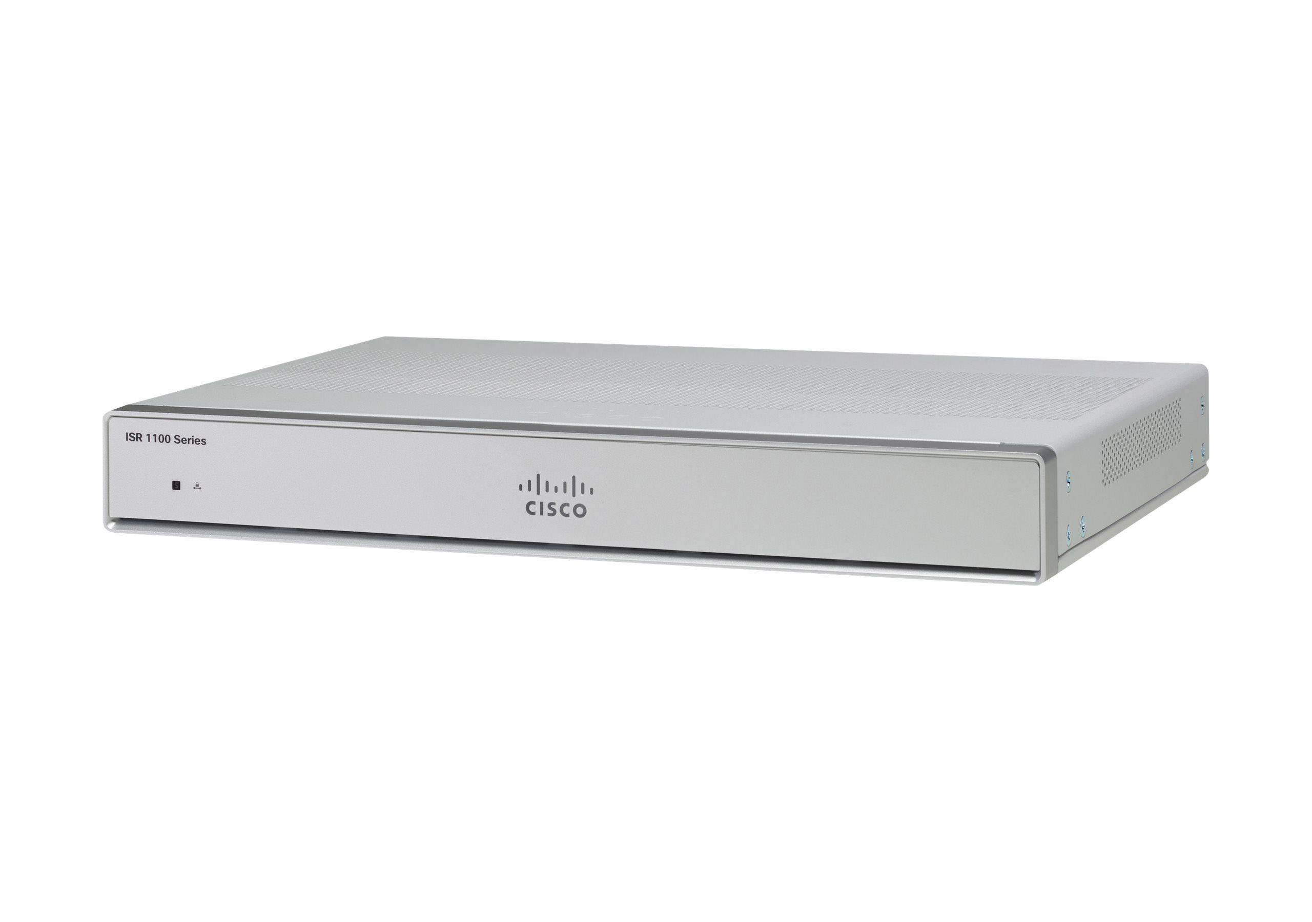 Cisco ISR 1100 Series Netzwerk-Router in einem silbernen Rack-Mount-Gehäuse, Frontansicht auf weißem Hintergrund.